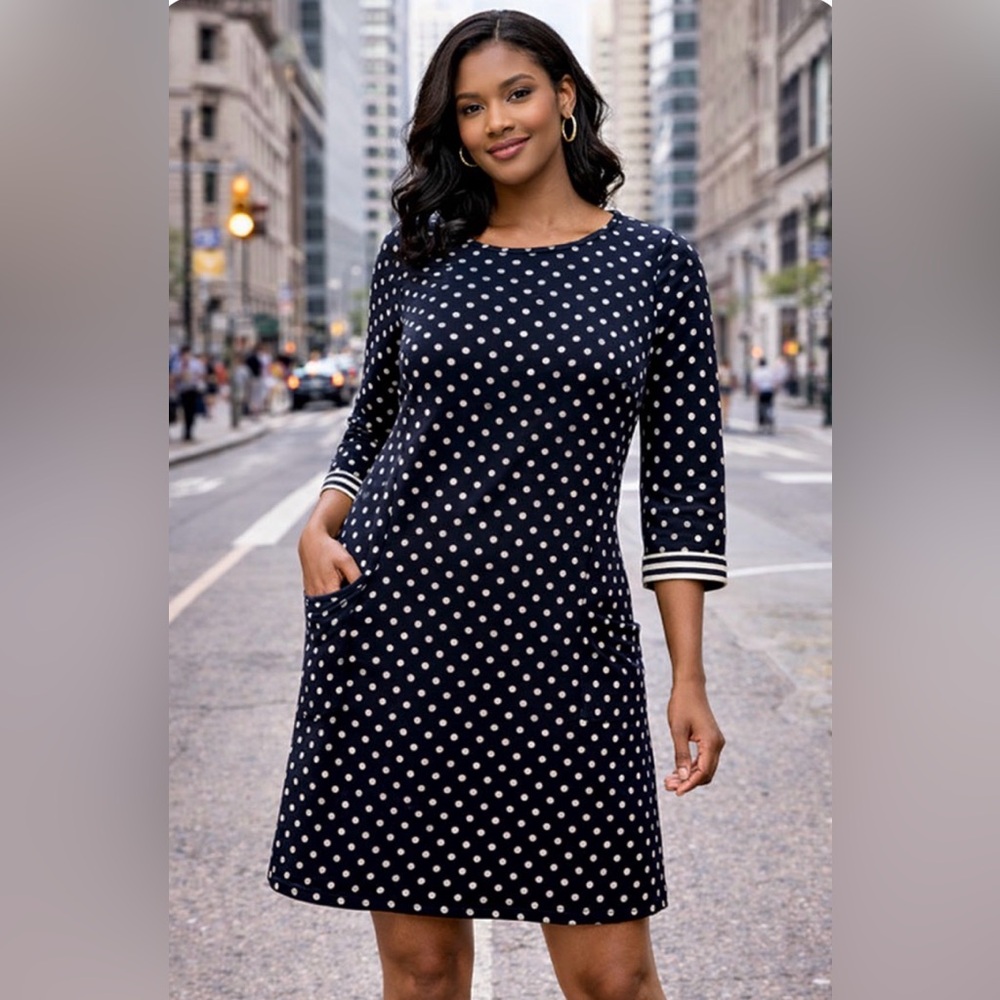 Boden Quilted Polka Dot Dress Navy White Pockets Preppy Chic - Picture 2 of 9